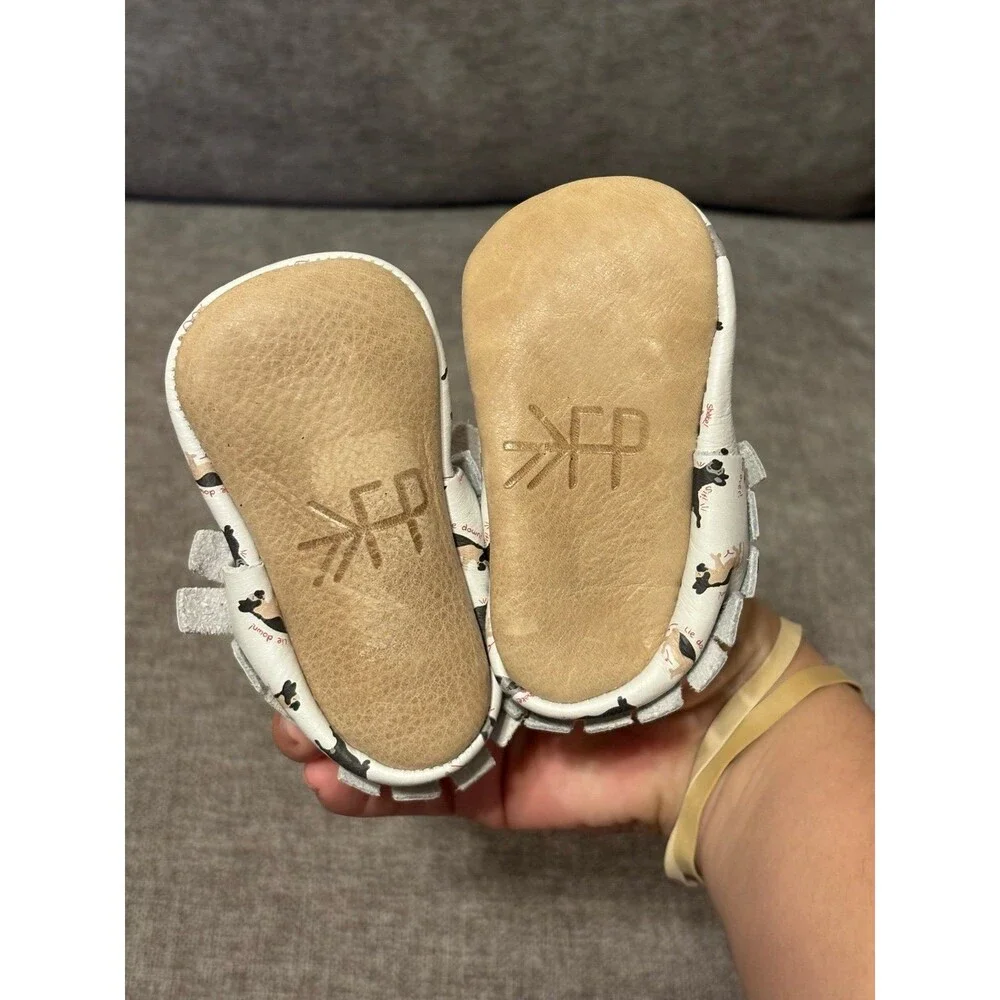 Freshly Picked White with playful french bulldog print Leather moccasins Size 2
